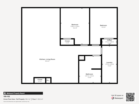 Floor plan for 2 beds, 1 bath, 1085 sqft